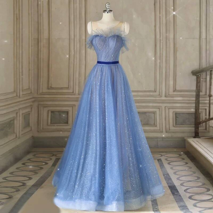 Classy A Line Strapless Blue Tulle Prom Dresses Party Dress 21st Birthday Outfits Senior High School Graduation Dress AU423