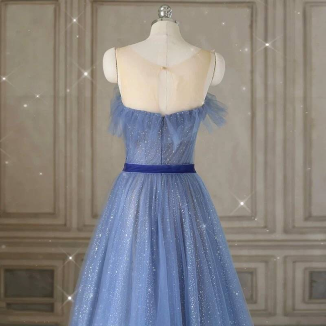 Classy A Line Strapless Blue Tulle Prom Dresses Party Dress 21st Birthday Outfits Senior High School Graduation Dress AU423