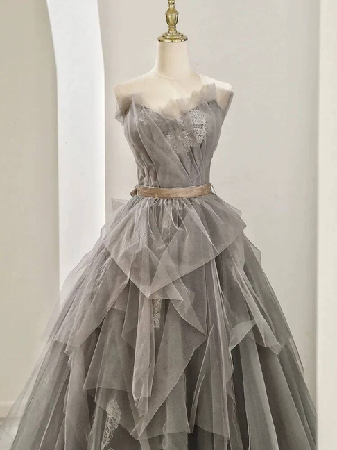 Classy Ball Gown Strapless Gray Tulle Prom Dresses Party Dress Dance Senior High School Graduation Dress AU426