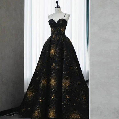 Modest Ball Gown Spaghetti Straps Black Sequin Prom Dresses Party Dress Dance Senior High School Graduation Dress AU427