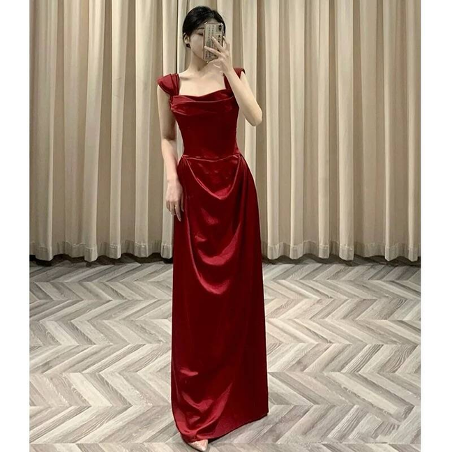 Timeless Sheath Square Neck Burgundy Satin Prom Dress Inspiration Long Party Formal Prom Dresses AU428