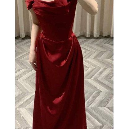 Timeless Sheath Square Neck Burgundy Satin Prom Dress Inspiration Long Party Formal Prom Dresses AU428