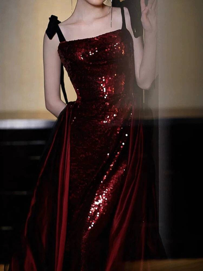 Timeless Sheath Spaghetti Straps Sequin Burgundy Prom Dress Inspiration Long Party Formal Prom Dresses AU429