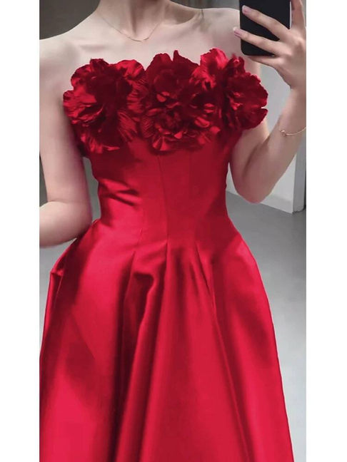 Robe de bal en satin rouge, jolie robe trapèze sans bretelles, tenue de soirée pour 20e anniversaire, robe de remise de diplôme, AU430