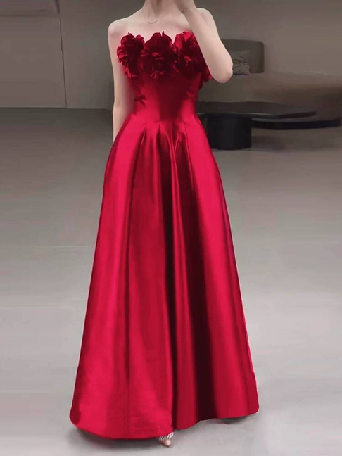 Robe de bal en satin rouge, jolie robe trapèze sans bretelles, tenue de soirée pour 20e anniversaire, robe de remise de diplôme, AU430