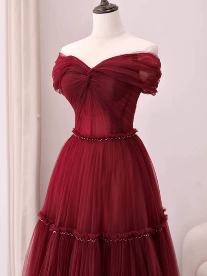 Unique Ball Gown Off The Shoulder Wine Red Burgundy Tulle Prom Dresses Party Dress 20th Birthday Outfits Graduation Dress AU432