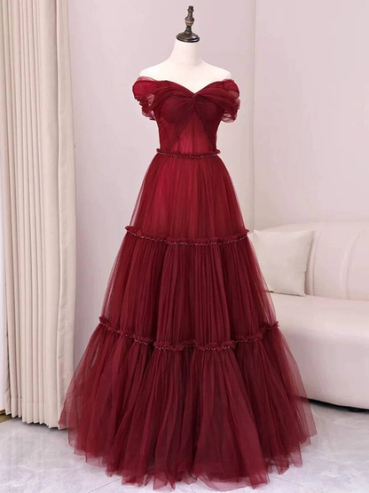 Unique Ball Gown Off The Shoulder Wine Red Burgundy Tulle Prom Dresses Party Dress 20th Birthday Outfits Graduation Dress AU432