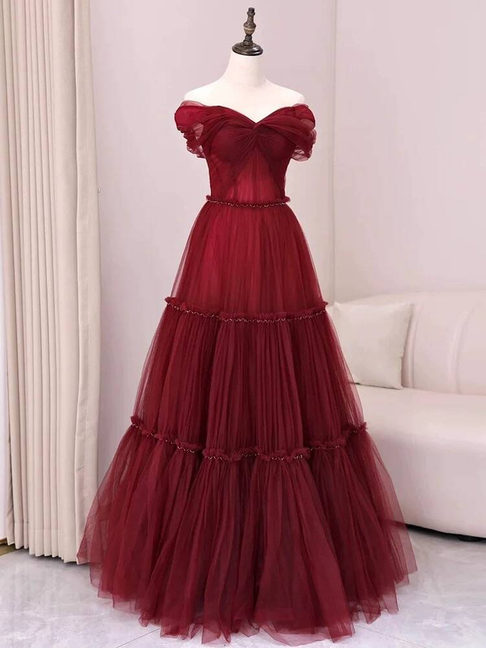 Unique Ball Gown Off The Shoulder Wine Red Burgundy Tulle Prom Dresses Party Dress 20th Birthday Outfits Graduation Dress AU432