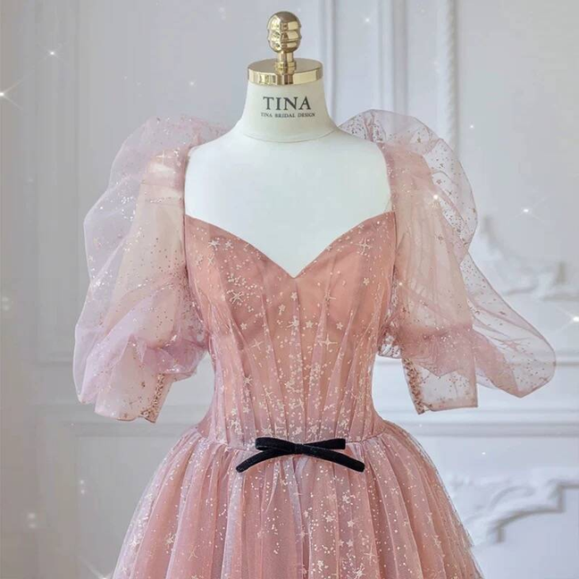 Robe de bal élégante en tulle rose blush, décolleté en cœur, tenue de soirée pour 21e anniversaire, robe de remise de diplôme, AU433