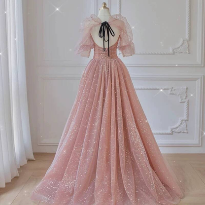 Robe de bal élégante en tulle rose blush, décolleté en cœur, tenue de soirée pour 21e anniversaire, robe de remise de diplôme, AU433
