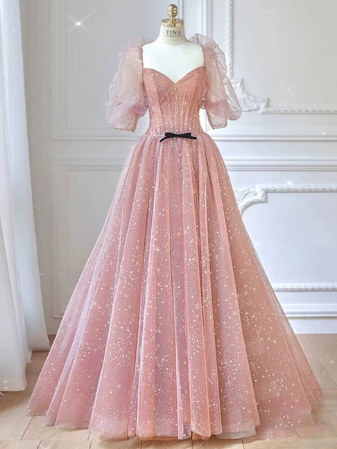 Robe de bal élégante en tulle rose blush, décolleté en cœur, tenue de soirée pour 21e anniversaire, robe de remise de diplôme, AU433