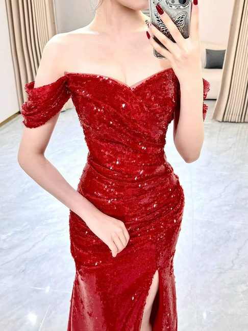 Robe de bal sirène sexy à épaules dénudées et paillettes rouges, tenue de soirée pour 20e anniversaire, robe de remise de diplôme, AU435