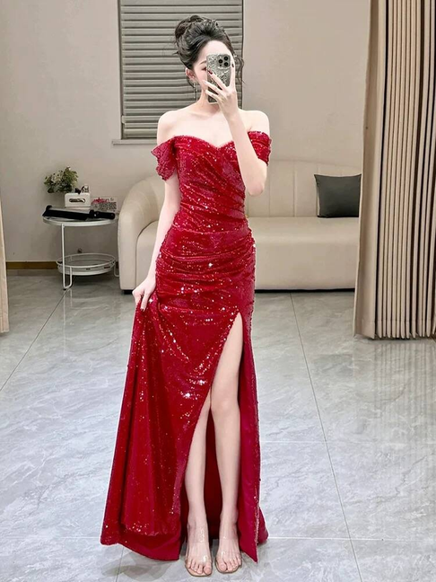 Robe de bal sirène sexy à épaules dénudées et paillettes rouges, tenue de soirée pour 20e anniversaire, robe de remise de diplôme, AU435