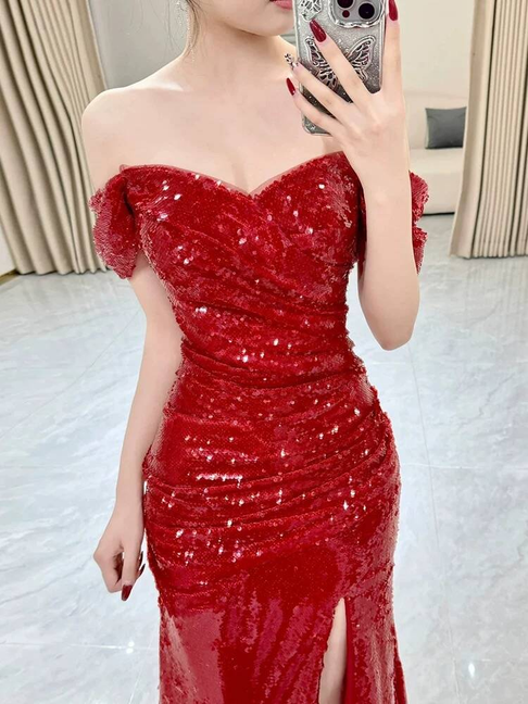 Robe de bal sirène sexy à épaules dénudées et paillettes rouges, tenue de soirée pour 20e anniversaire, robe de remise de diplôme, AU435