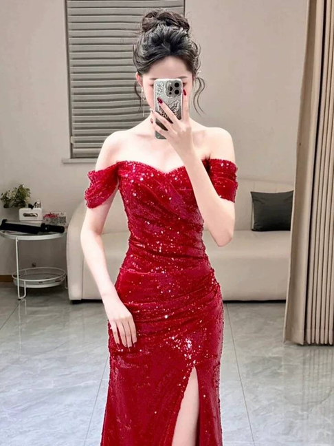 Robe de bal sirène sexy à épaules dénudées et paillettes rouges, tenue de soirée pour 20e anniversaire, robe de remise de diplôme, AU435