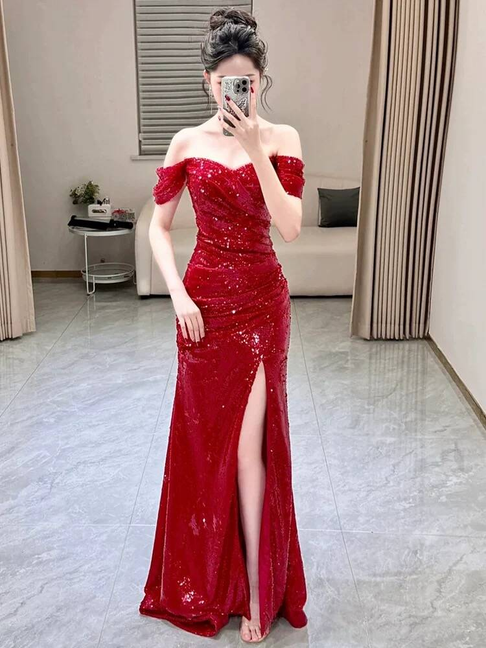 Robe de bal sirène sexy à épaules dénudées et paillettes rouges, tenue de soirée pour 20e anniversaire, robe de remise de diplôme, AU435