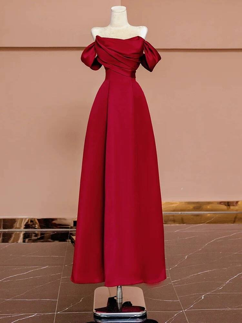Robe de bal simple en satin rouge à épaules dénudées, coupe trapèze, tenue de soirée pour 18e anniversaire, robe de remise de diplôme, AU436