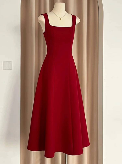 Simple A line Square Neck Red Satin Prom Dresses Party Dress 18th Birthday Outfits Graduation Dress AU437