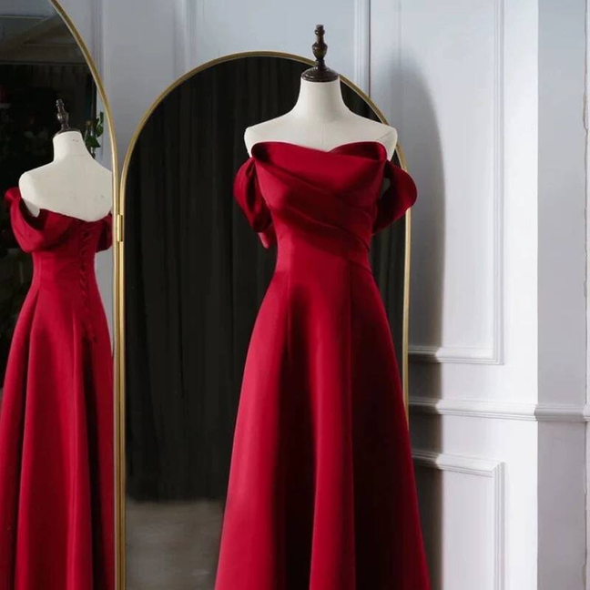 Simple A line Off The Shoulder Wine Red Satin Prom Dresses Party Dress 18th Birthday Outfits Graduation Dress AU438