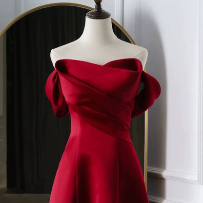 Simple A line Off The Shoulder Wine Red Satin Prom Dresses Party Dress 18th Birthday Outfits Graduation Dress AU438