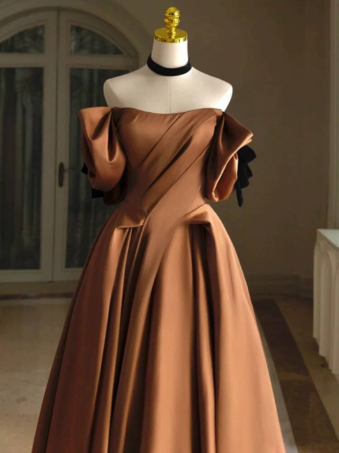 Robe de bal unique en satin marron à épaules dénudées, tenue de soirée pour 20e anniversaire, robe de remise de diplôme, AU439