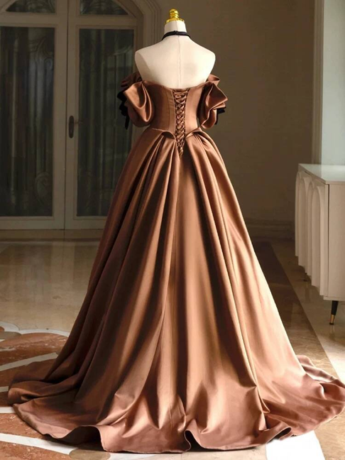 Robe de bal unique en satin marron à épaules dénudées, tenue de soirée pour 20e anniversaire, robe de remise de diplôme, AU439