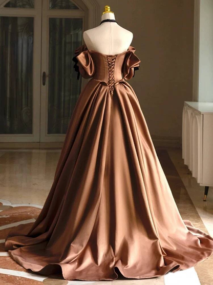 Robe de bal unique en satin marron à épaules dénudées, tenue de soirée pour 20e anniversaire, robe de remise de diplôme, AU439