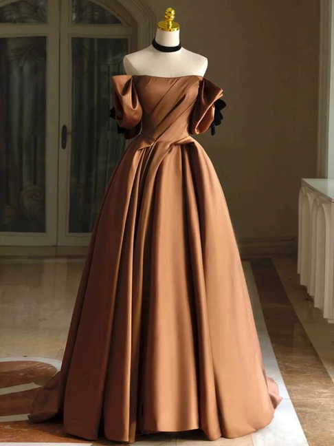 Unique Ball Gown Off The Shoulder Brown Satin Prom Dresses Party Dress 20th Birthday Outfits Graduation Dress AU439