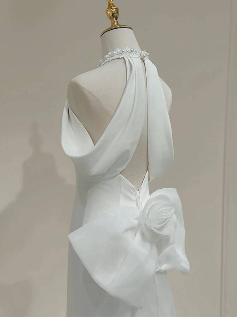Robe de mariée sirène vintage en satin blanc, col licou, longue robe de mariée de conte de fées, AU440