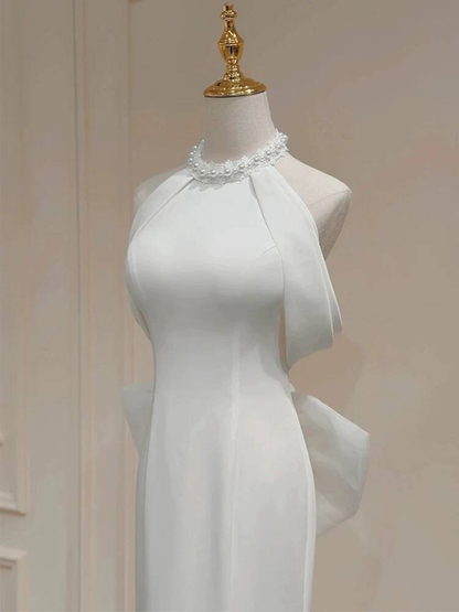 Robe de mariée sirène vintage en satin blanc, col licou, longue robe de mariée de conte de fées, AU440