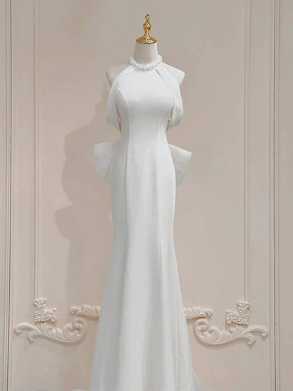 Robe de mariée sirène vintage en satin blanc, col licou, longue robe de mariée de conte de fées, AU440