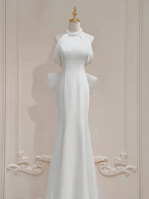 Vintage Mermaid Halter Neck Satin White Wedding Gown Long Fairytale Bride Gown Wedding Dresses AU440
