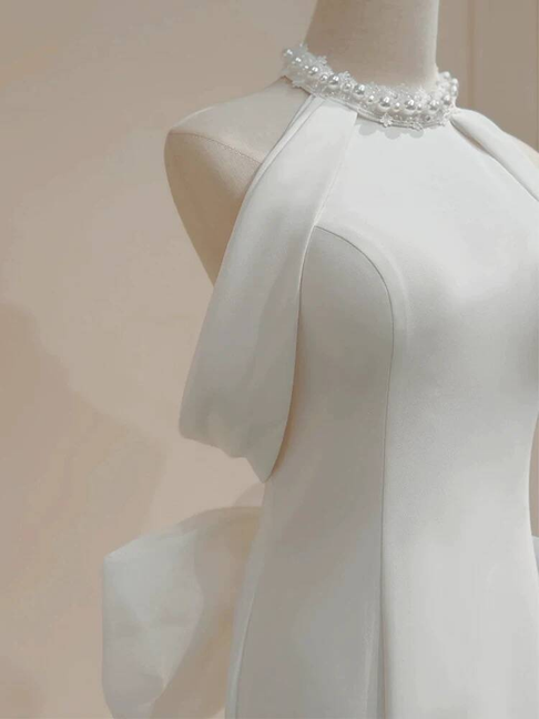 Robe de mariée sirène vintage en satin blanc, col licou, longue robe de mariée de conte de fées, AU440