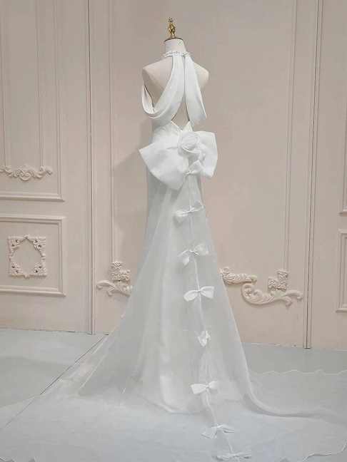Robe de mariée sirène vintage en satin blanc, col licou, longue robe de mariée de conte de fées, AU440