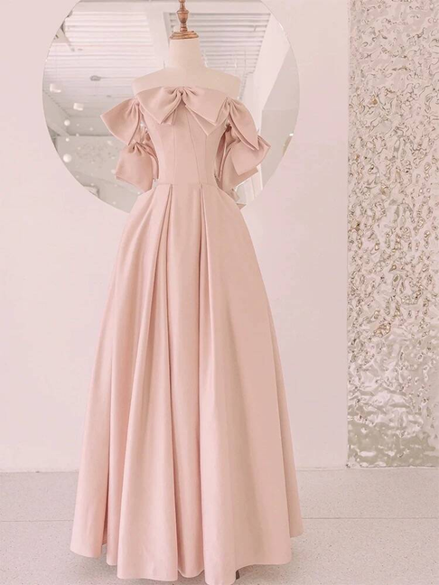 Robe de bal simple en satin rose blush, épaules dénudées, coupe trapèze, tenue de soirée pour 18e anniversaire, robe de remise de diplôme, AU441