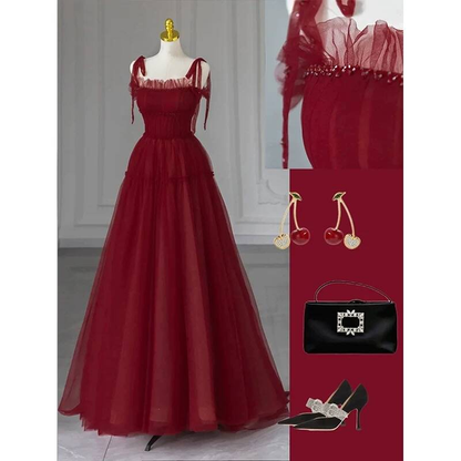 Robe de bal bordeaux intemporelle à bretelles spaghetti et paillettes, coupe trapèze, inspiration longue, robe de soirée formelle, AU442