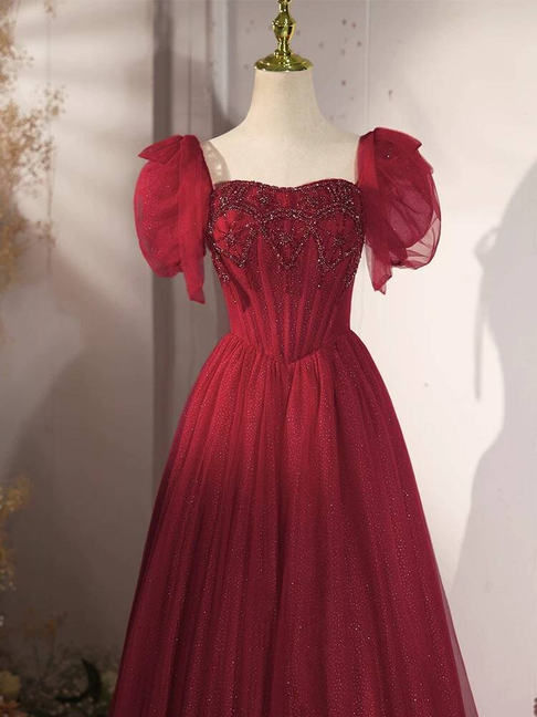 Modest Ball Gown Square Neck Tulle Burgundy Prom Dresses Inspiration Prom Dress Princess Graduation Dress AU443