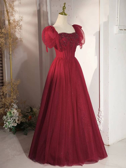 Modest Ball Gown Square Neck Tulle Burgundy Prom Dresses Inspiration Prom Dress Princess Graduation Dress AU443