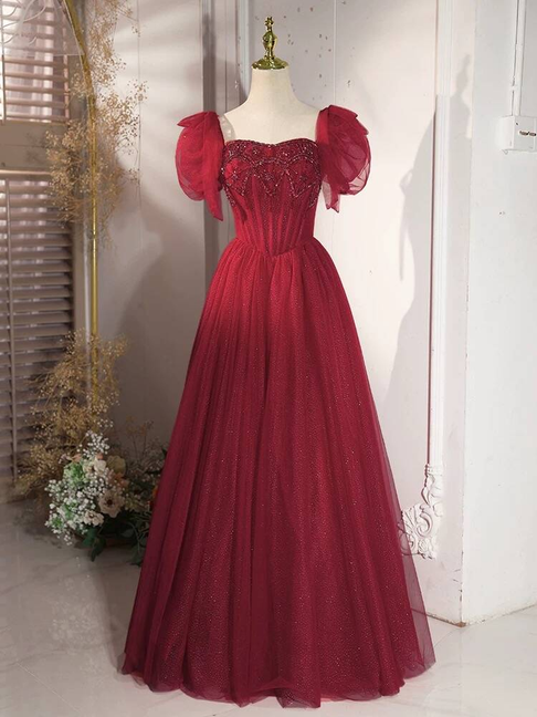 Modest Ball Gown Square Neck Tulle Burgundy Prom Dresses Inspiration Prom Dress Princess Graduation Dress AU443