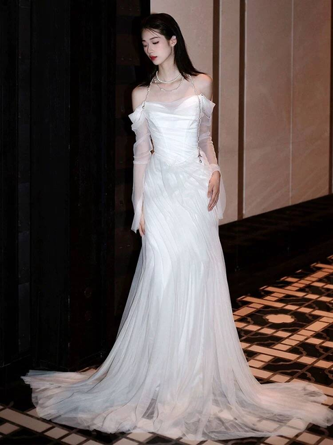 Robe de mariée sirène vintage en tulle blanc à épaules dénudées, longue robe de mariée de conte de fées, AU448