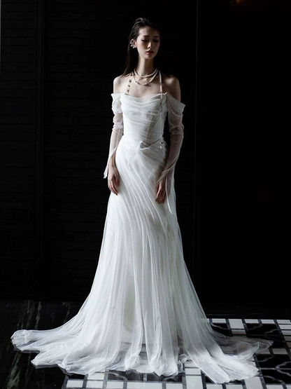 Robe de mariée sirène vintage en tulle blanc à épaules dénudées, longue robe de mariée de conte de fées, AU448