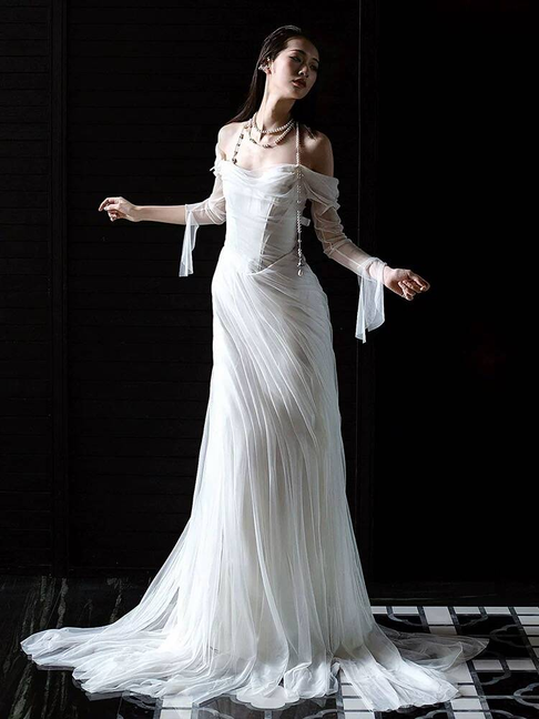 Vintage Mermaid Off The Shoulder Tulle White Wedding Gown Long Fairytale Bride Gown Wedding Dresses AU448