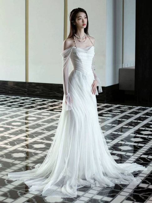 Robe de mariée sirène vintage en tulle blanc à épaules dénudées, longue robe de mariée de conte de fées, AU448