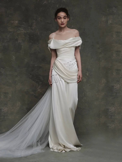 Robe de mariée sirène vintage en satin blanc à épaules dénudées, longue robe de mariée de conte de fées, AU451