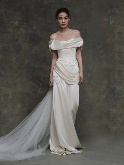 Robe de mariée sirène vintage en satin blanc à épaules dénudées, longue robe de mariée de conte de fées, AU451