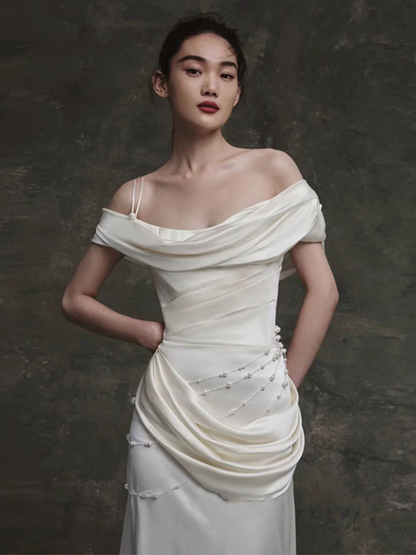 Robe de mariée sirène vintage en satin blanc à épaules dénudées, longue robe de mariée de conte de fées, AU451
