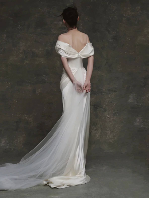 Vintage Mermaid Off The Shoulder Satin White Wedding Gown Long Fairytale Bride Gown Wedding Dresses AU451