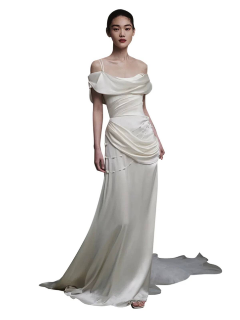 Robe de mariée sirène vintage en satin blanc à épaules dénudées, longue robe de mariée de conte de fées, AU451