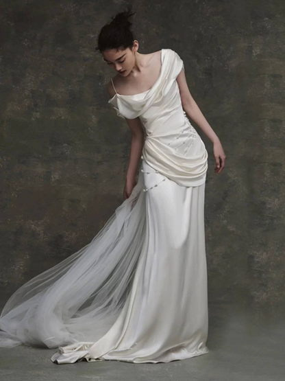 Robe de mariée sirène vintage en satin blanc à épaules dénudées, longue robe de mariée de conte de fées, AU451