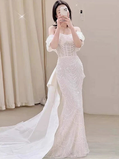 Modest Mermaid Off The Shoulder White Sequins Wedding Dress Styles Long Fairytale Wedding Dresses Ideas AU453